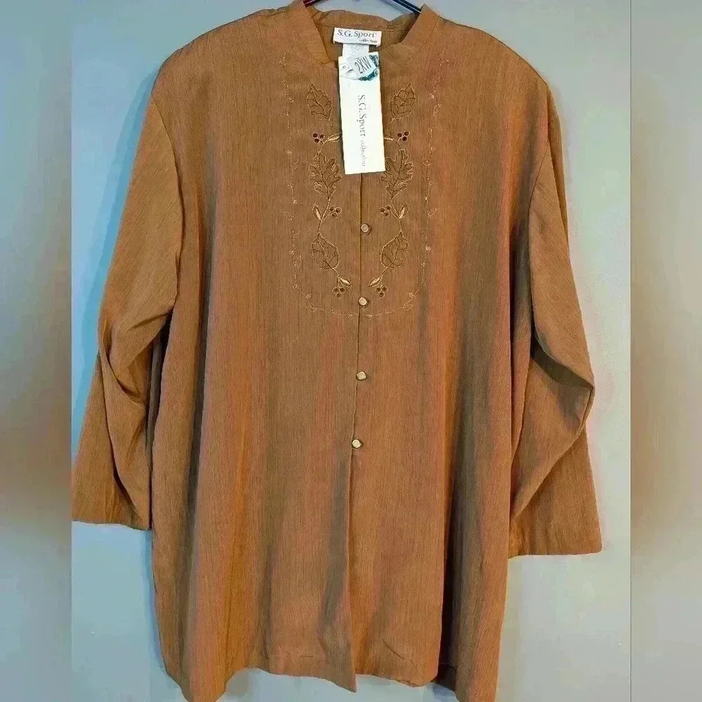 Vintage S.G. Sport 2XL brown button tunic leaf pattern easy care